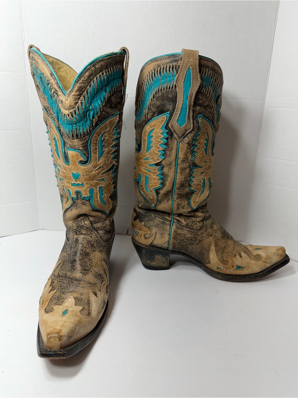 Corral Women's Antique Saddle/Turquoise Eagle Overlay Snip Toe Cowgirl Boots9.5M